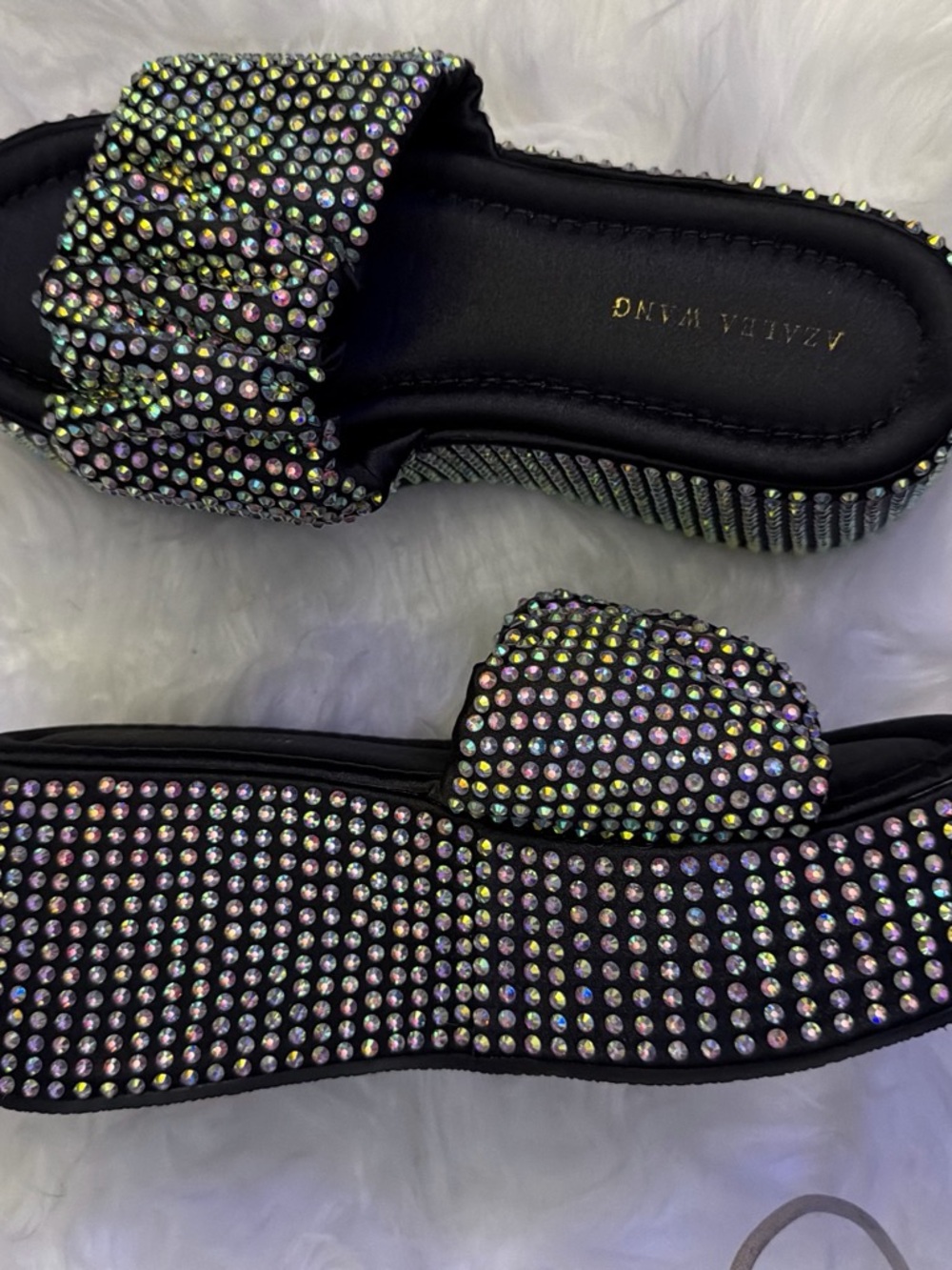Azalea Wang Black Iridescent Crystal Slide Sandals